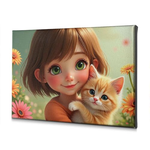 Toile fille tenant un chaton aux fleurs 40x60 cm, tendresse murale