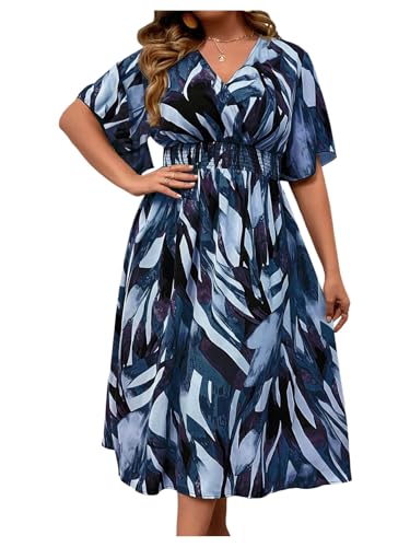 Floerns Women's Plus Size Boho Hawaiian Tropical Dresses V Neck Short Sleeve Floral A Line Long Dress Vacation Beach Outfits Blue Multi X-Large Plus