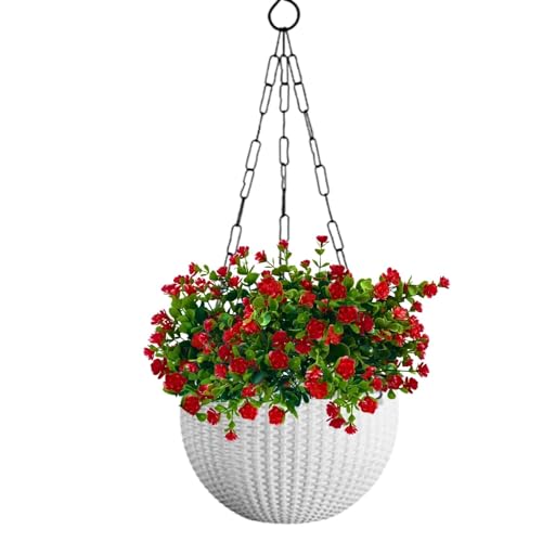 Image of Tdas Artificial Hanging Flowers with Basket Plants Leaves Home Decor for Outdoor Balcony Yard Patio Garden Porch Deck Autumn Faux Fake Realistic Spring Decoration - 60 cm (Red)