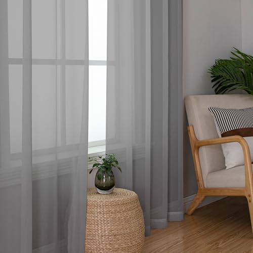 Image of Chyhomenyc Sheer Charcoal Grey Curtains 90 inches Long 2 Panels, Light Filtering Soft Airy Solid Elegant Voile Window Treatment Drapes for Bedroom Living Room Wedding Party Decor, 42 Wx90 L Inches