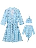 Mommy and Me Robe and Swaddle Set Floral Print Maternity and Baby Matching Hospital Labor Delivery Swaddling Wrap Blanket Dress with Headband Hat for Mom and Girl Boy 4pcs Outfit Blue Bear L/XL