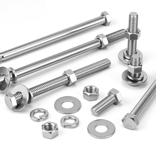 Image of Mellewell 5 /16-18 x 3-1 /4 inch Hex Head Bolts with Hex Nuts and Thick Flat & Lock Washers, Fully Threaded, Stainless Steel 18-8, Plain Finish, 8 Sets