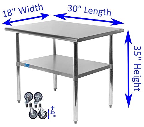 AmGood Stainless Steel Work Table (Stainless Steel Table, One Undershelf + Casters, Stainless Steel Top, 1, 18\" Wide x 30\" Long, Stainless Steel Table)