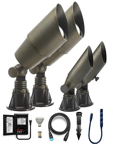 LawnShine Premium Brass Landscape Lighting Kit - 4 Spot Lights with LED Bulbs - Safe & Simple Installation with DIY Plug n’ Play Technology (Midnight Bronze), 4 Spot Light Kit