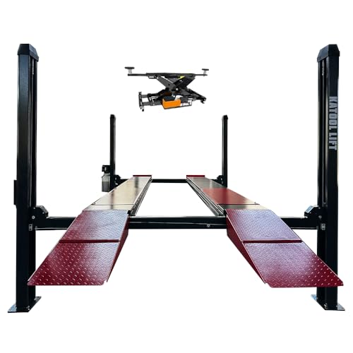 KATOOL KT-4H120x 12000lbs 4 Post Repair Lift, Alignment Lift with Rolling Jack, 86.9” Lifting Height, Double Protection Locks, Extra Height Extra Wide Extra Tall Parking Car Lift, Work Shop, 220V