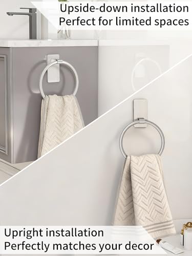Image of STWWO Brushed Nickel Towel Ring, Hand Towel Holder for Bathroom, Self Adhesive Hand Towel Rings for Bath, Kitchen, RV, No Drill Hole