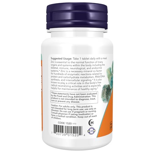 Image of NOW Foods Supplements, Zinc (Zinc Gluconate) 50 mg, Supports Enzyme Functions*, Immune Support*, 100 Tablets (Pack of 2)