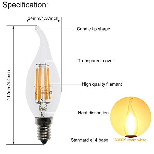 6 x LED kaarslampen E14 filament dimbaar 6 W, warm wit 2700 K, helder glas, vervangt 60 watt gloeilamp, AC 220 V-AC 240… - Afbeelding 3