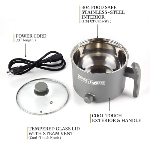 Elite Gourmet NOODLE EXPRESS™ Hot Pot, Prepare Ramen, Rice, Soups, Stews, Boil Water, Stainless-Steel Interior, Glass Lid, High/Low/Off Settings, Grey - Image 5