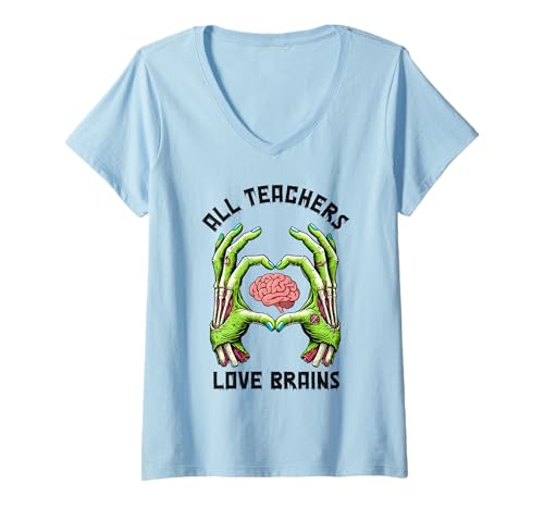 Mujer Todos los profesores aman cerebros zombi Halloween divertido maestro Camiseta Cuello V