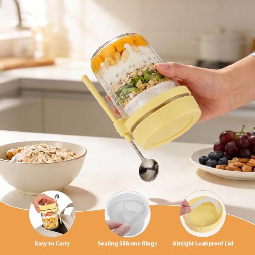 Image of 6 Pack Yellow Overnight Oats Containers with Lids and Spoon - 16 oz Glass Mason Jars with Separate Compartments Leakproof Sugar Packet Holders Chia Yogurt Parfait Cups for Oatmeal Cereal Meal Prep