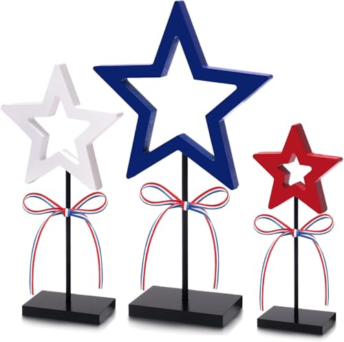 Image of 4th of July Patriotic Table Decoration 3 Pcs Wooden Star Tabletop Tray Decor Star Freestanding Table Wooden Signs for Independence Day Home Party Supplies