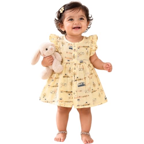 Image of Lilimi Toddler Baby Girl Cotton Muslin Dress, Breathable Flutter Sleeve Button-Front Cute Frocks