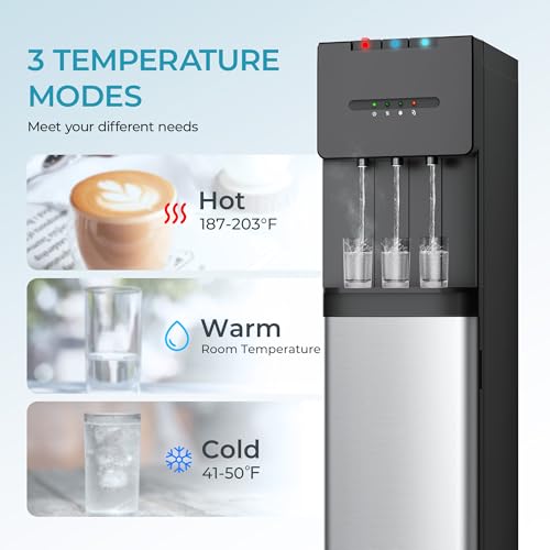 Image of EUHOMY Bottom Loading Water Cooler Dispenser for 5 Gallon Bottle, 3 Temperature Settings - Cold, Warm & Hot, with Child Lock, LED Display Light, Water Cooler for Home, Office, Apartment, Black