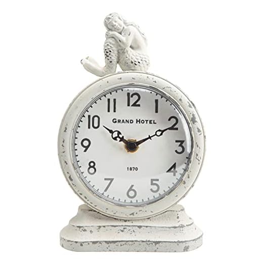 NIKKY HOME Vintage Silent Non-Ticking Table Clock, Mermaid Shelf Desk Top Clock Battery Operated Rustic Design, Beach Home Decor for Living Room Mantel Desktop Countertop, Distressed White