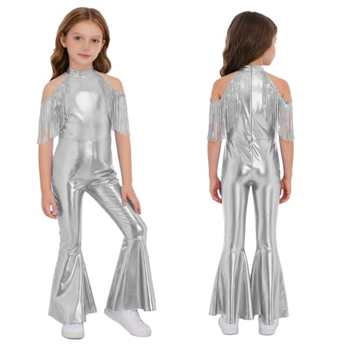 Unitard danse métallisé pour filles avec paillettes et franges Sywiyi