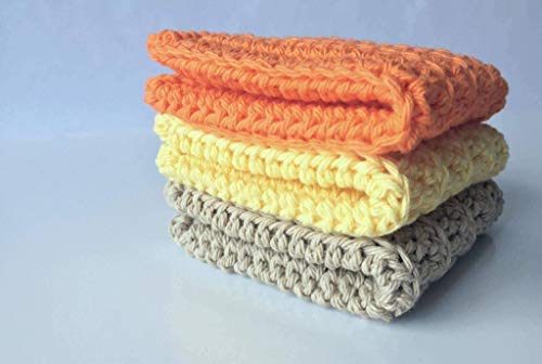 Handmade Crochet Washcloths, Dish Towels, Baby wipes, Baby washcloths, Spa Cloths, 100% cotton washcloth, dish cloths, Beige, Yellow and Orange Cotton crochet Washcloths set of 3