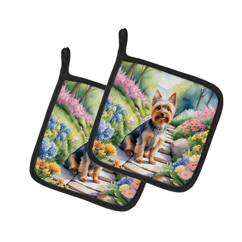 Caroline's Treasures Silky Terrier Spring Path Pair of Pot Holders Kitchen Heat Resistant Pot Holders Sets Oven Hot Pads for Cooking Baking BBQ, 7 1/2 x 7 1/2