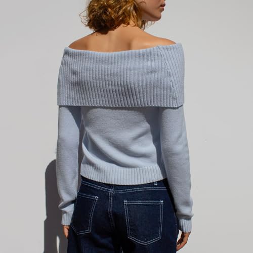 Image of Women Off Shoulder Long Sleeve Sweater Y2K Ribbed Knit Pullover Solid Crop Top Going Out Boat Neck Blouse