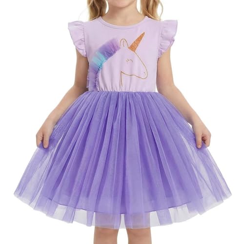 DivingBirds Mädchen Kleider Einhorn Rüschen Kurzarm Baumwolle Top Tülkleid Sommer Kleinkind Prinzessin Geburtstag Partykleid Kinderkleider 4-5 Jahre Helles Violett