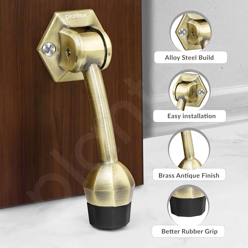 Image of Plantex Door Stopper for Main Door /5-Inch Stopper with Rubber Grip /Stoppers for Wooden Door /Stops for Door - Pack of 3 (Brass Antique)