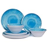 Melamine Dinnerware Set for 4 - 12pcs Dinnerware Dishes Set for Indoor and Outdoor Use, Dishwasher safe, Blue