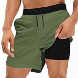 Cozople Mens Swim Shorts with Compression Liner Anti Chafe Green Swim Trunks 7 Inch Inseam Bathing S