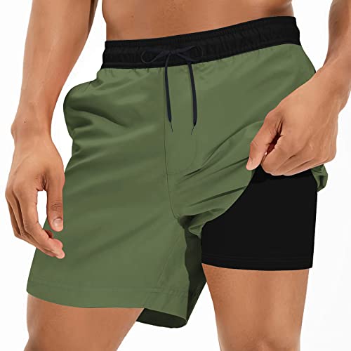 Cozople Mens Swim Shorts With Compression Liner Anti Chafe Green Swim Trunks 7 Inch Inseam Bathing Suit Boxer Brief Lined Swimsuit For Summer M #TOP23