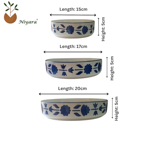 Image of Niyara Stoneware Handmade Ceramic Stylish Premium Serving Bowls /Salad Tray Microwave Dishwasher Safe (Blue Flower Print Set of 3)