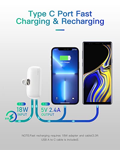 Kuulaa Small Portable Charger Iphone With Built-In Lightning Cable 5000Mah Power Bank Fast Charging For Iphone 14/13/13 Pro/12/12 Pro/11/Xr/Xs/X/8/7/6, White #TOP2