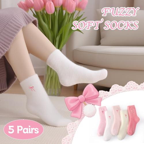 Jspupifip 5 Pairs Bow Fuzzy Socks for Women Cozy Soft Fluffy Slipper Sock Warm Winter Thick Home Sleeping4