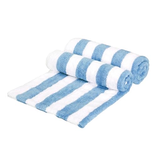 Image of Amazon Basics Soft & Absorbent Beach Towels, 100% Cotton, Cabana Stripe, Machine Washable, Quick Dry, Large 30 inch x 60 inch, Sky Blue, 2-Pack