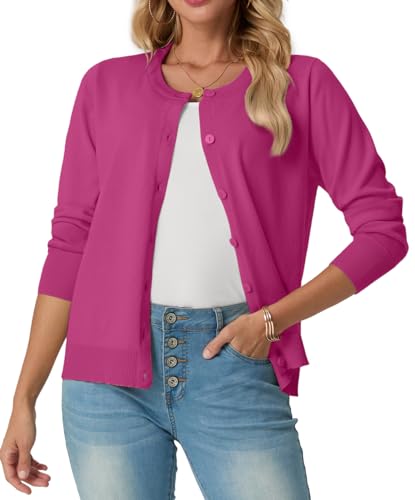 GRECERELLE Women's Lightweight Button Down Long Sleeve Crewneck Cardigan Sweater Hot Pink, M