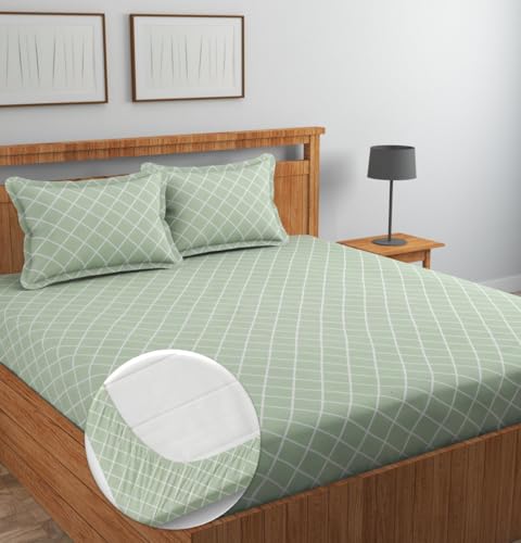 Image of NHD HOME Pure Cotton All Round Elastic Fitted Bedsheets for Double Bed with 2 King Size Pillow Covers 220 TC Supersoft |Wrinkel Free Bed Cover Size - 72x78+10 inches, Olive Green