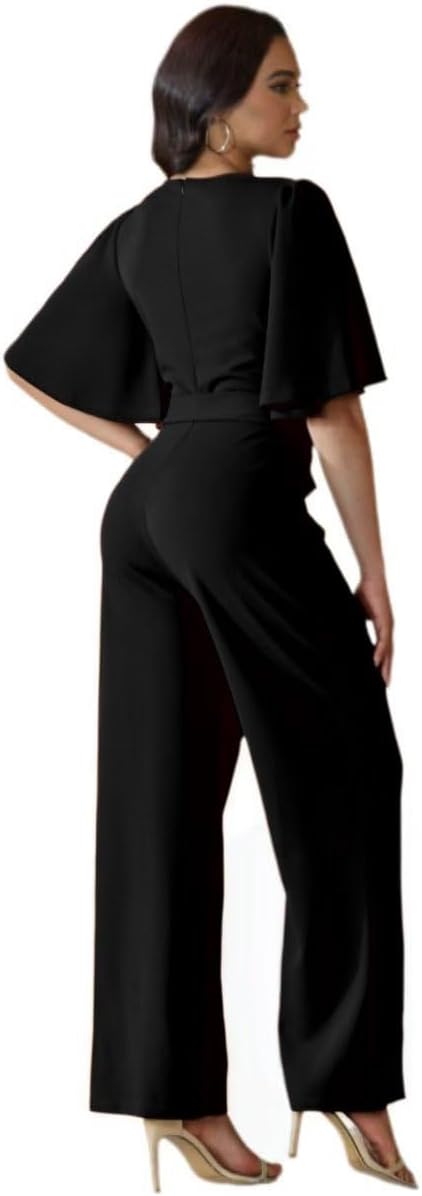 Women's One Piece Jumpsuits Casual Neck Dressy Batwing Short Sleeve Wide Leg Elegant Ladies Jumpsuit Rompers