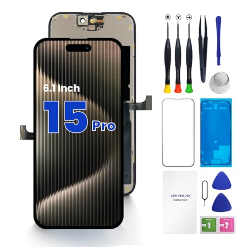 Genverdix for iPhone 15 PRO Screen Replacement 6.1 inch 3D Touch LCD Display Full HD Repair kit Digitizer Assembly with Tools Set Tempered Glass Waterproof Frame Adhesive