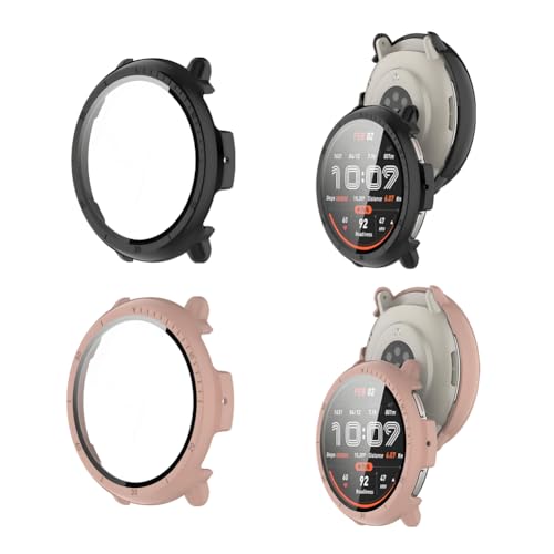 Coque Amazfit Active 2 avec verre trempé Lot de 2 protections intégrales noir et rose