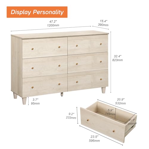 Image of WAMPAT 6-Drawer Dresser for Bedroom, Modern Chest of Drawers with Gold Knobs, 47.2 Inch Wide Light Oak Wood Finish Storage Organizer for Kids Room, Living Room, Nursery