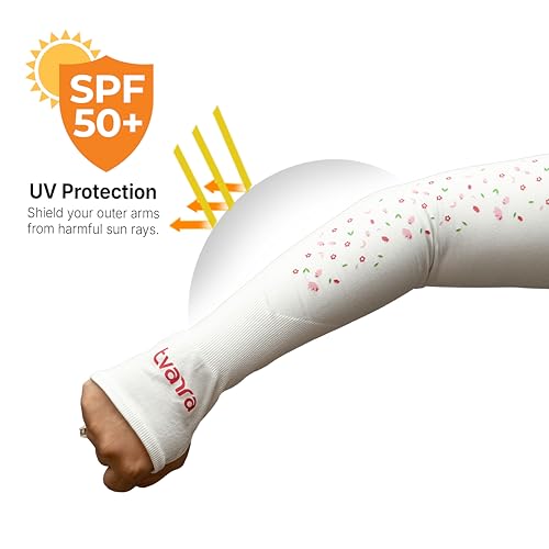 Image of TVARRA Anti-Tan Fingerless Arm Sleeves for Women|UV Protection Hand Cover Sleeves for Bike Riding, Running & Outdoor Use,Dust & Summer Protection Arm Sleeves for Girls (Petals Design)