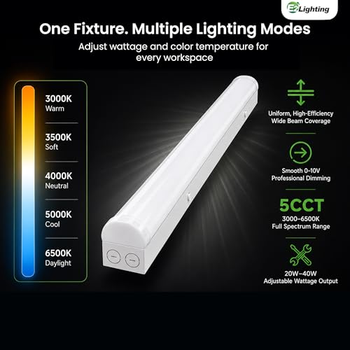 Image of E2 LIGHTING 4ft LED Linear Shop Light | 40W Dimmable LED Light Fixture | 5CCT Tunable Lighting | Emergency Battery Backup 90 Min | Energy Saving Indoor Linear Light for Warehouse Garage Workshop