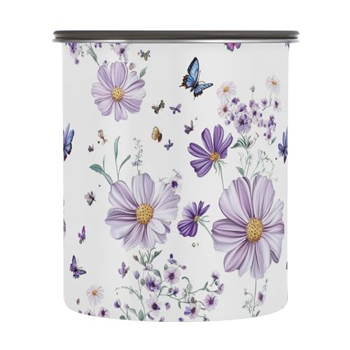 Beauty Osteospermum White Food Storage Containers with Lids Stainless Steel Jar Coffee Canister Stackable Push Button Containers for Food Storage 500ML