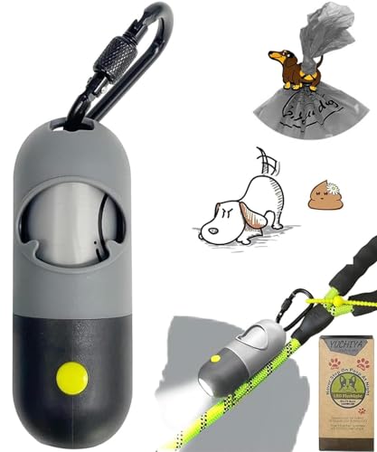 Dog Poop Bag Holder with LED Flashlight for Night Walks Silicone Tether &Dachshund Pattern Clip for Used Bags Hands-Free Metal Leash Carabiner 15 Scented Waste Bags (Gray)