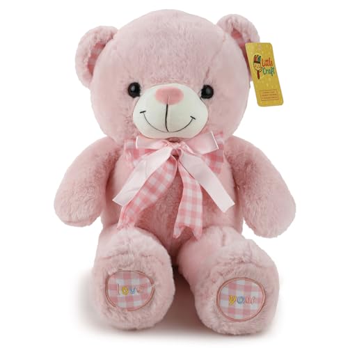Image of Pink Teddy Bear Soft Toy for Kids, Girls & Boys | Cute Plush Stuffed Teddy with Ribbon Bow | Huggable Cuddly Toy for Birthday, Valentine's Day, Baby Shower & Gift