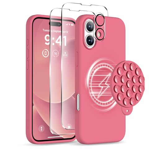 Image of Magnetic for iPhone 16 Case, Compatible with Magsafe, Suction Cup Phone Mount, [2 Screen Protectors][Camera Lens Protector] Silicone Shockproof Protective Slim Phone Cover 6.1 inch, Camellia Red