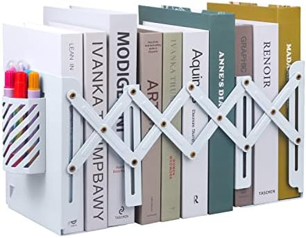 Expandable Metal Bookends, MSDADA Adjustable Book Ends Heavy Duty Book Holder with Detachable Pen Container, Non-Skid Desk Organizer for Kids Student Home Office School Bookshelf Book Storage(Green)