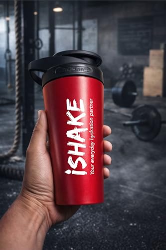 Image of Stainless Steel Protein Shaker Bottle, 100% Leakproof Metal Gym Shaker, Durable Steel Gym Sipper Bottle for Smooth Protein Mixing with Measurement 700 ml (Red)