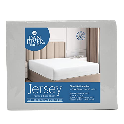 DAN RIVER 100% Cotton Jersey Fitted Sheet, King, Grey, 16 Inch Deep Pockets, Ultra Soft & Breathable, Stretchy Knit Fabric, Fitted Bed Sheet for Queen Mattress