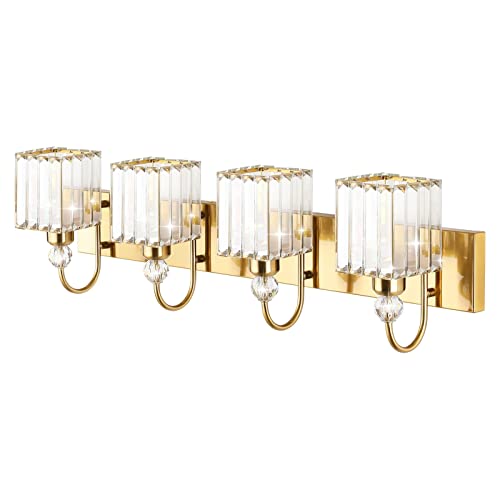 Image of Ralbay Crystal Gold Bathroom Vanity Lights 4-Lights Vanity Lights Over Mirror Modern Crystal Gold Bathroom Wall Lighting Fixtures