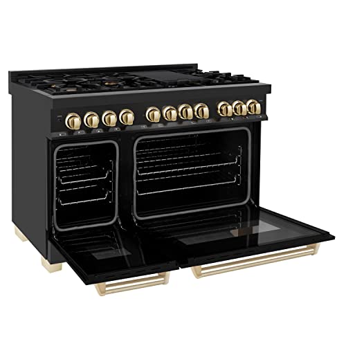 Zline Autograph Edition 48" 6.0 Cu. Ft. Dual Fuel Range With Gas Stove And Electric Oven In Black Stainless Steel With Gold Accents (Rabz-48-G) #TOP1