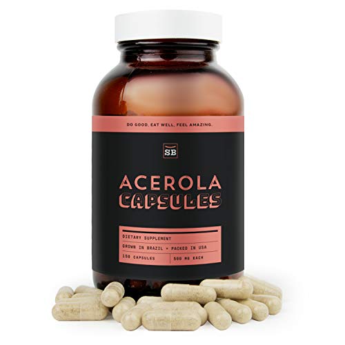 SB Organics Acerola Cherry Capsules - 150 ct Non-GMO Vegan Supplement Made of Pure Acerola Pulp Powder from Brazil - Rich in Vitamin C and Antioxidants